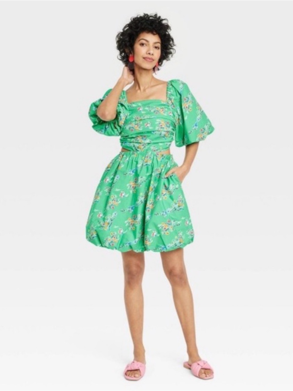a . new day Green Floral Puff-Sleeve Midi Dress